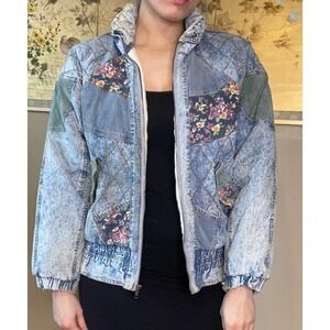 VINTAGE Weathered Blues Patchwork Warm Winter Jacket Corduroy